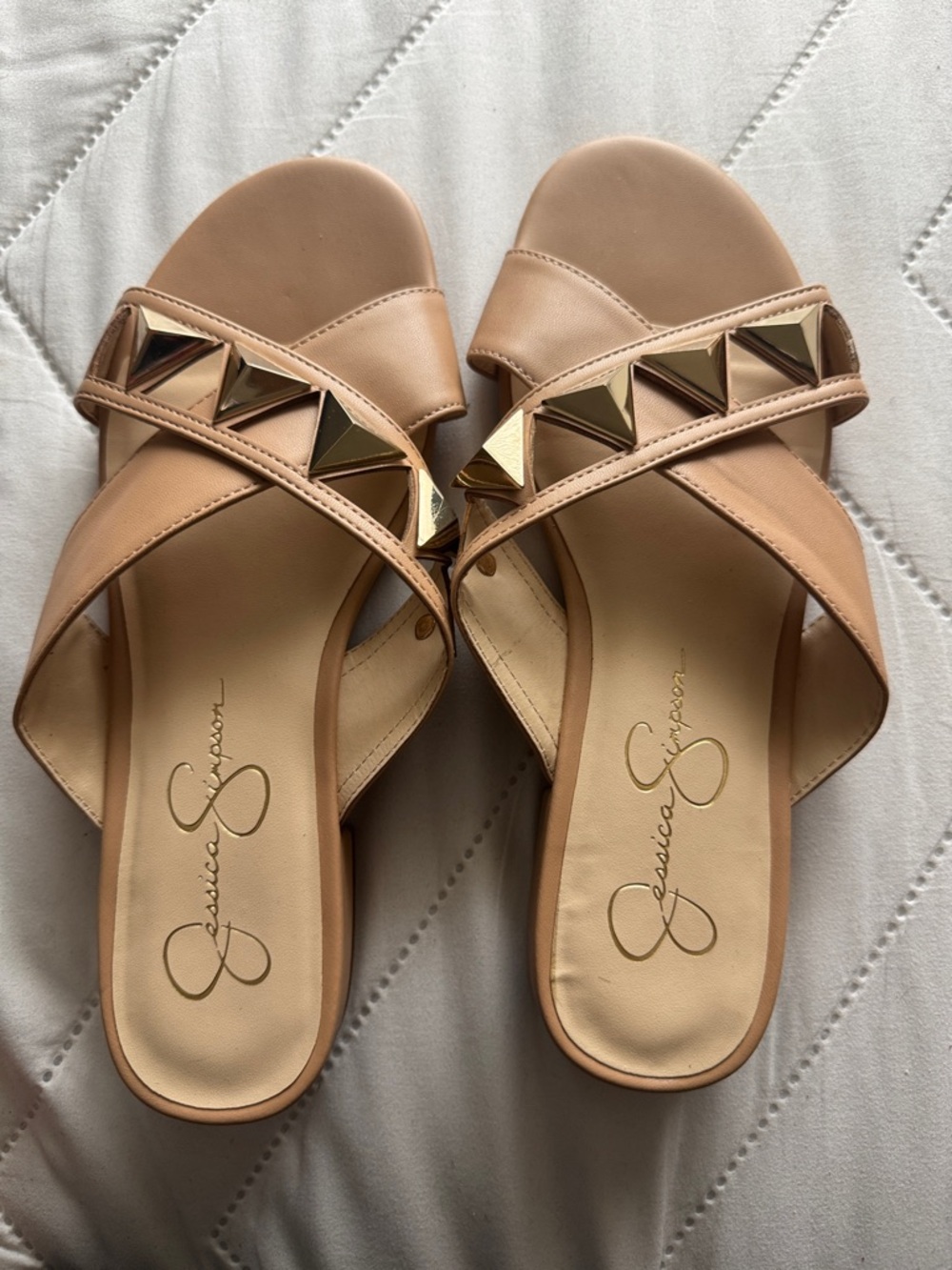 Jessica Simpson Tan Slip-On Studded Crossover Sandals